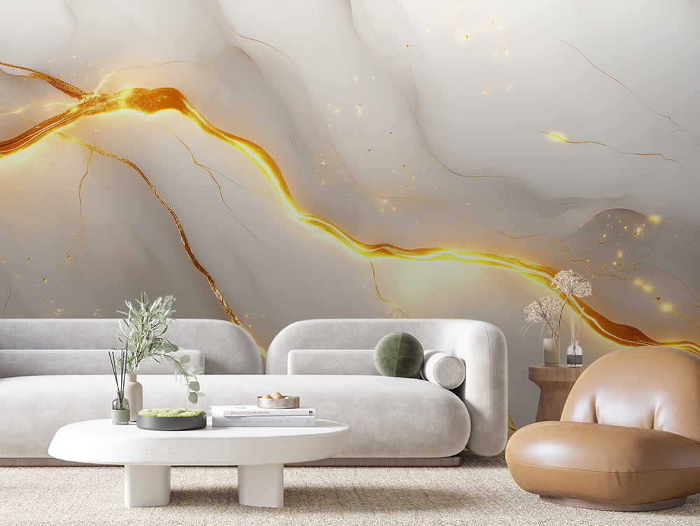 MARBLE 0024 – Glowing Gold Lightning Marble Wall Mural