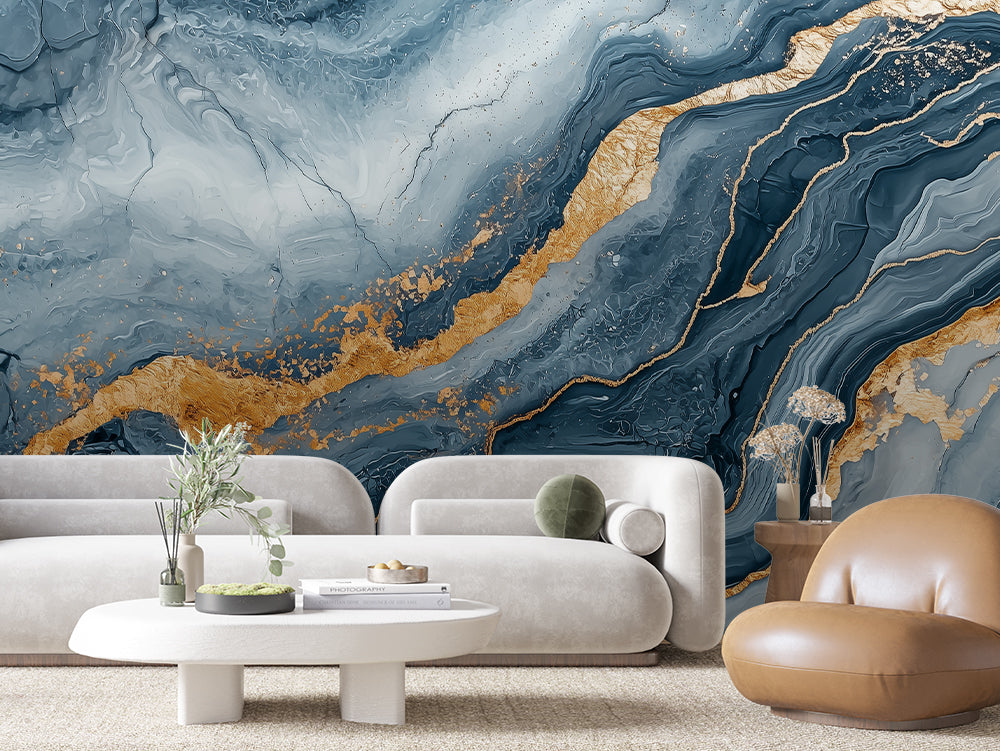 MARBLE 0031 – Steel Blue Gold Cluster Marble Wall Mural