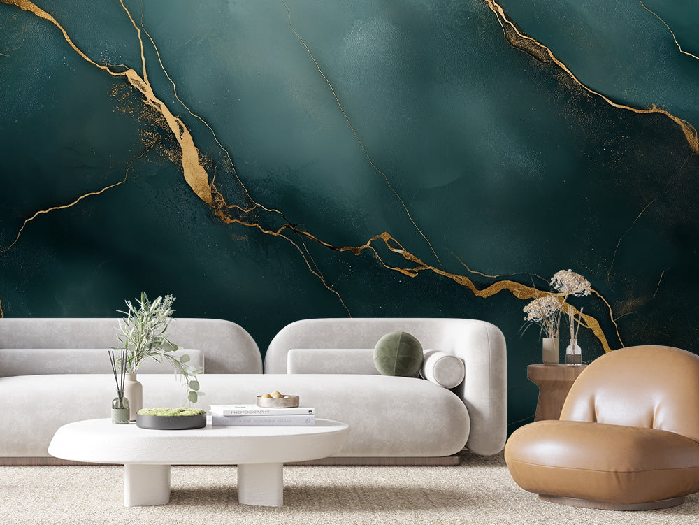 MARBLE 0037 – Dark Emerald Gold Crack Marble Wall Mural