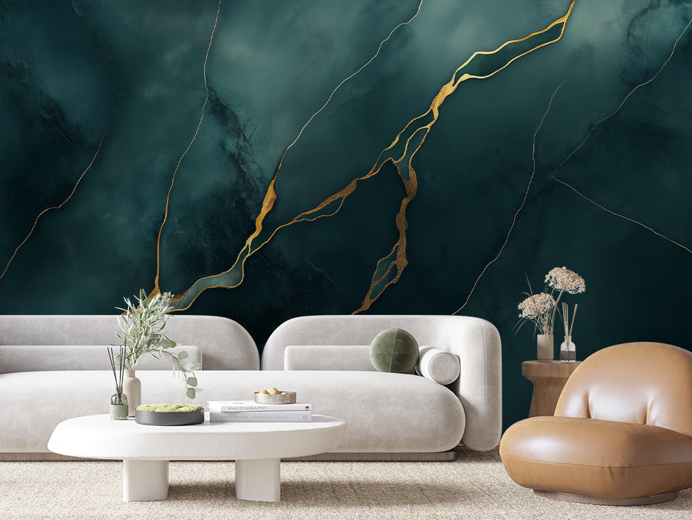 MARBLE 0038 – Midnight Forest Gold Marble Wall Mural