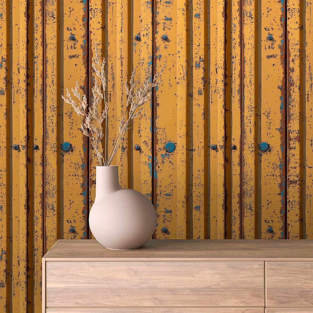 Weathered Mustard Corrugated Peel & Stick Wallpaper – Metal 0001