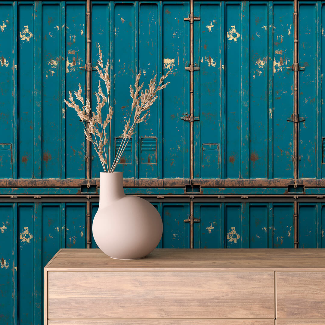 Rustic Teal Pipe Container Peel & Stick Wallpaper – Metal 0004