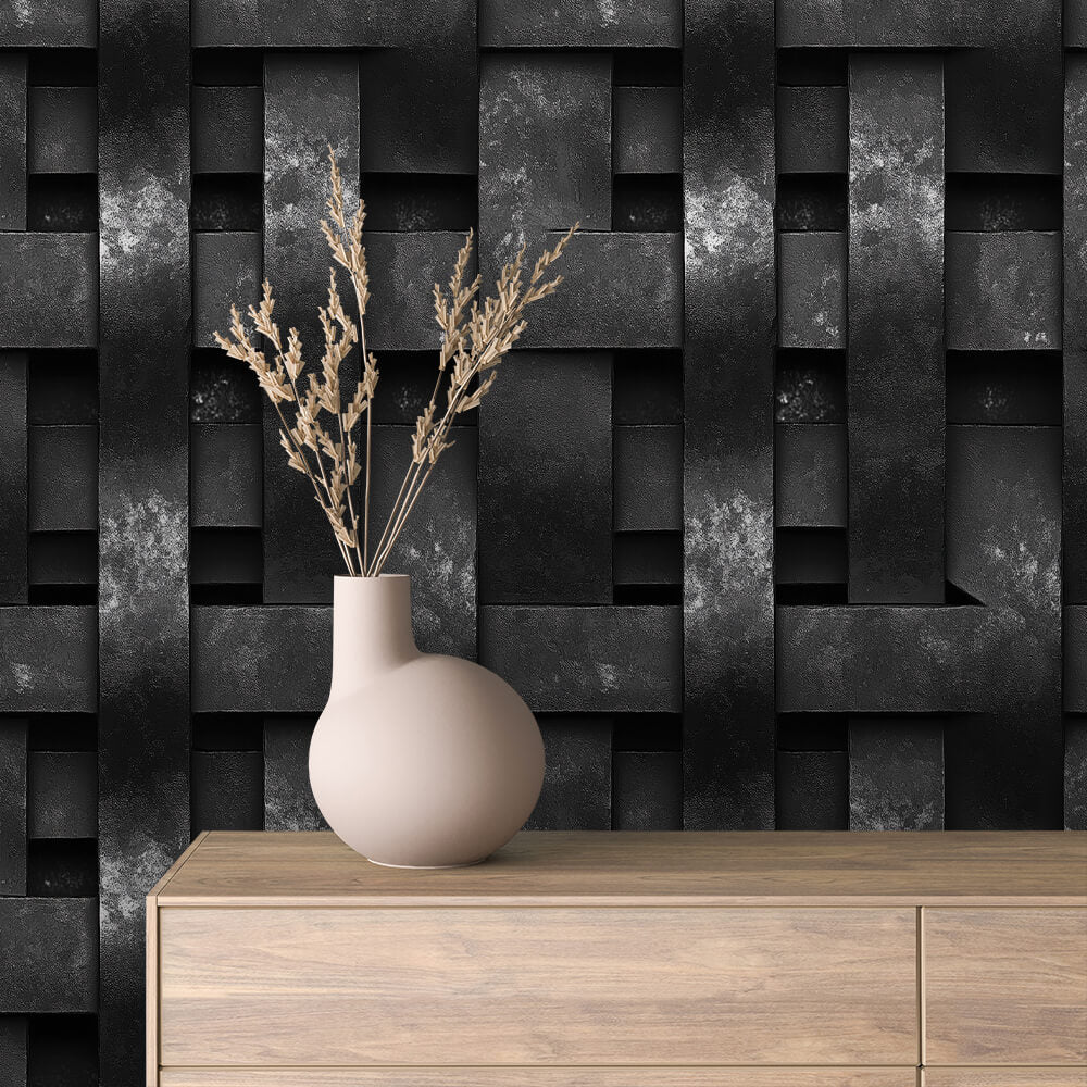 Black Woven Block Peel & Stick Wallpaper – Metal 0031