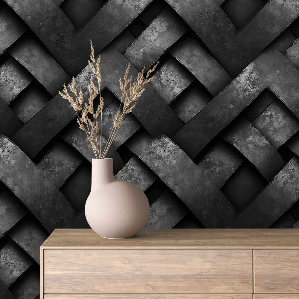 Black Herringbone Weave Peel & Stick Wallpaper – Metal 0032