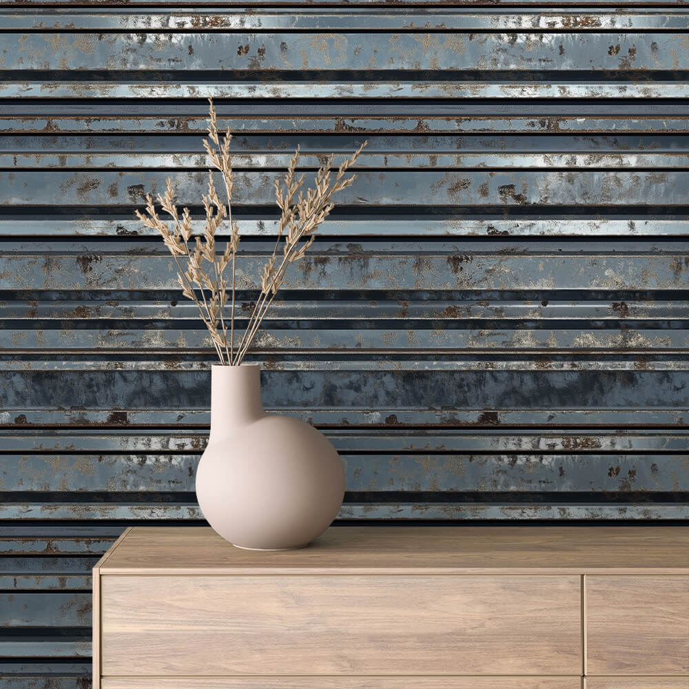 Blue Grey Horizontal Ribbed Peel & Stick Wallpaper – Metal 0033