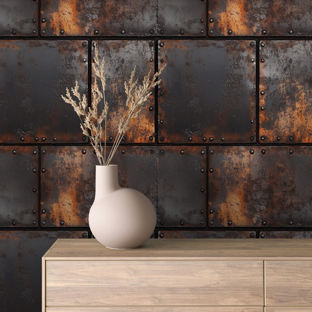 Rusted Charcoal Riveted Plate Peel & Stick Wallpaper – Metal 0034