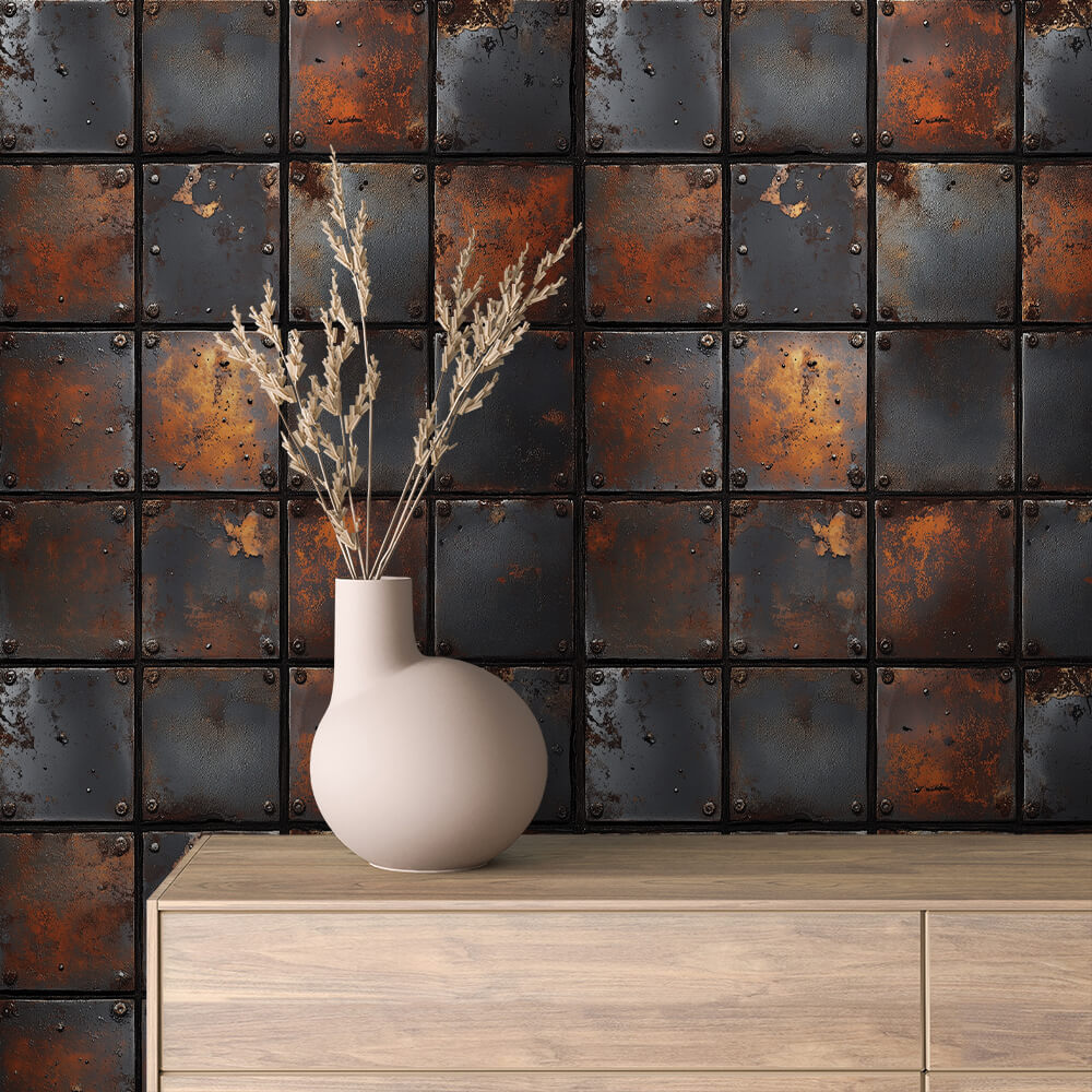 Rust Charcoal Square Tile Peel & Stick Wallpaper – Metal 0035