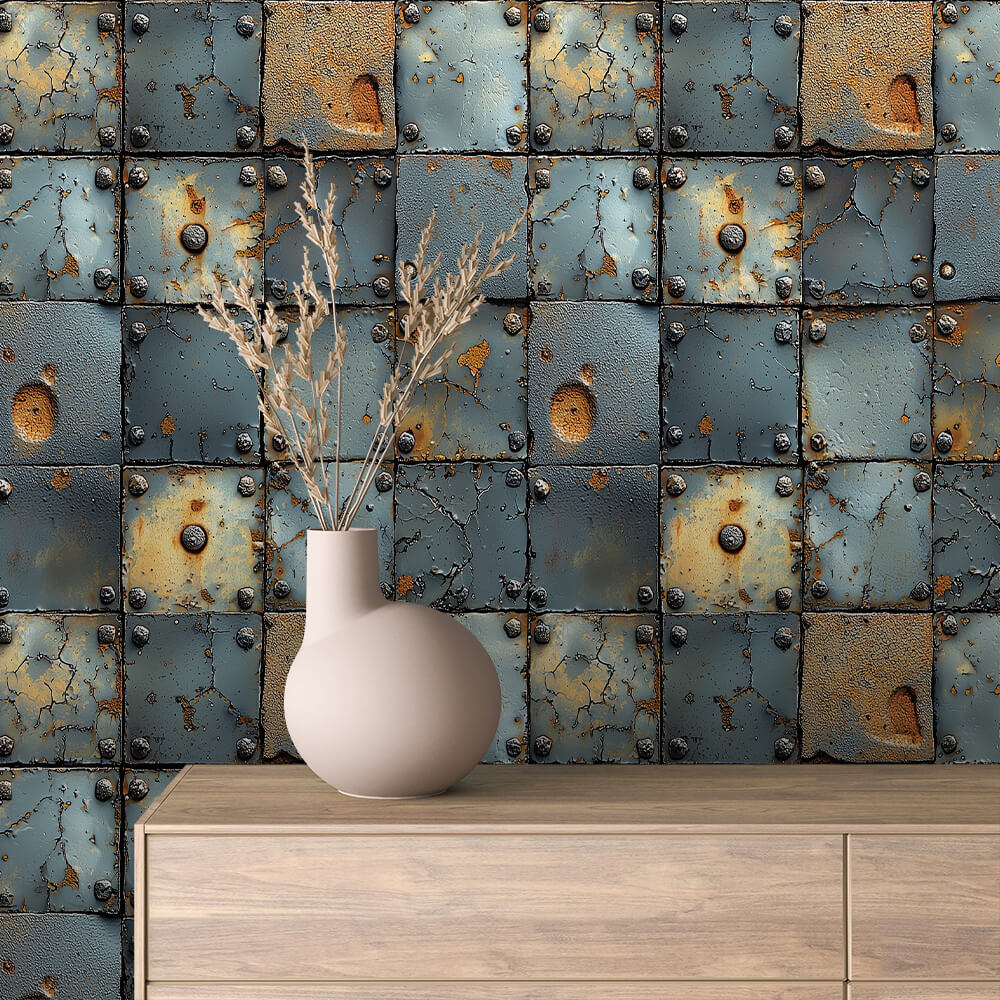 Cracked Blue Riveted Tile Peel & Stick Wallpaper – Metal 0036