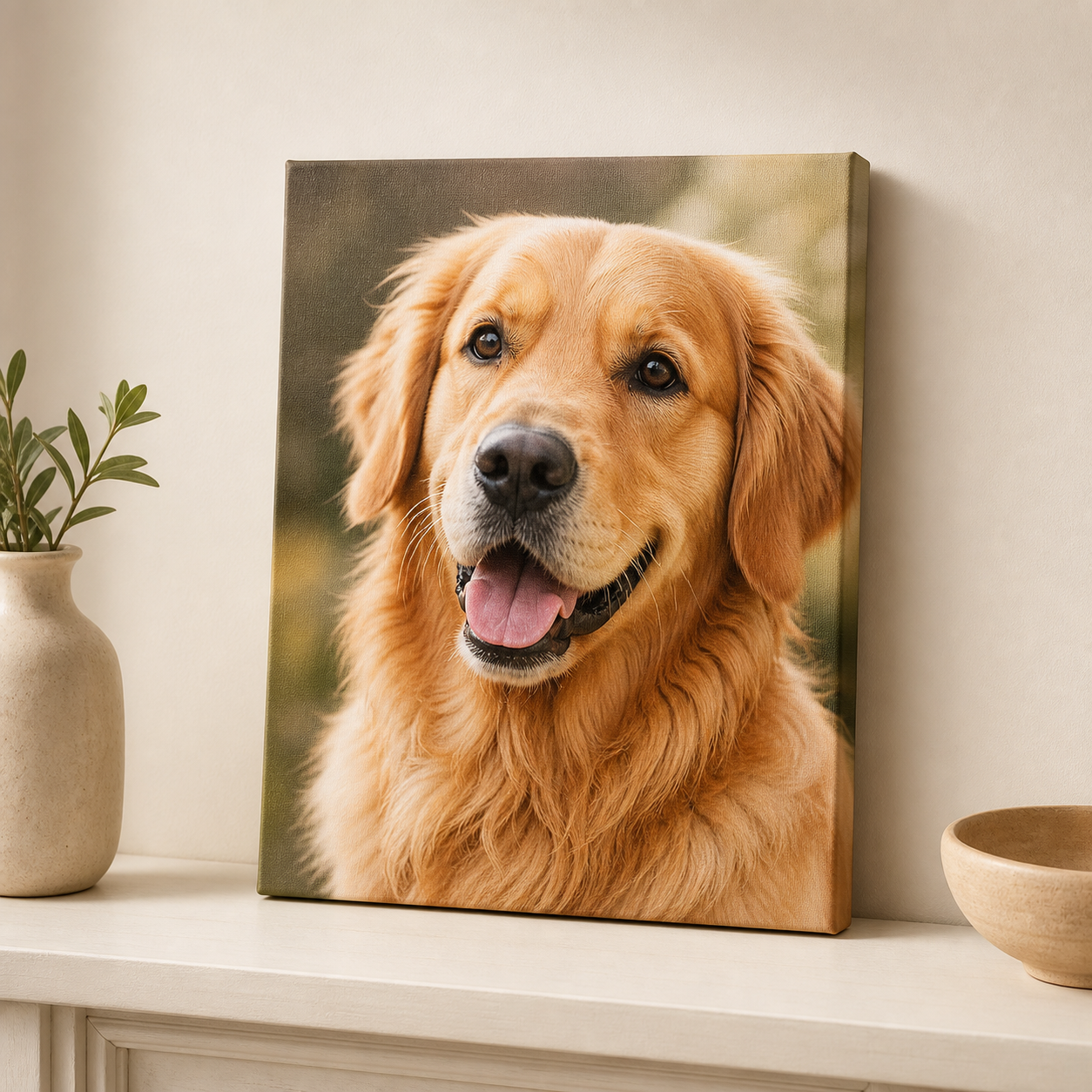A square canvas wall art print showing a close-up portrait of a golden retriever dog, displayed leaning against a wall on a white surface with a vase and bowl nearby.