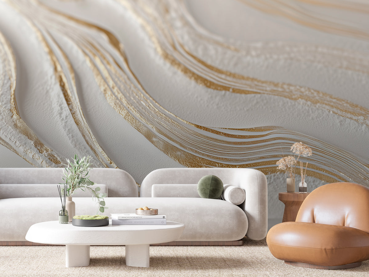 SCULPTED 0003 – Silver and Gold Wave Relief Wall Mural