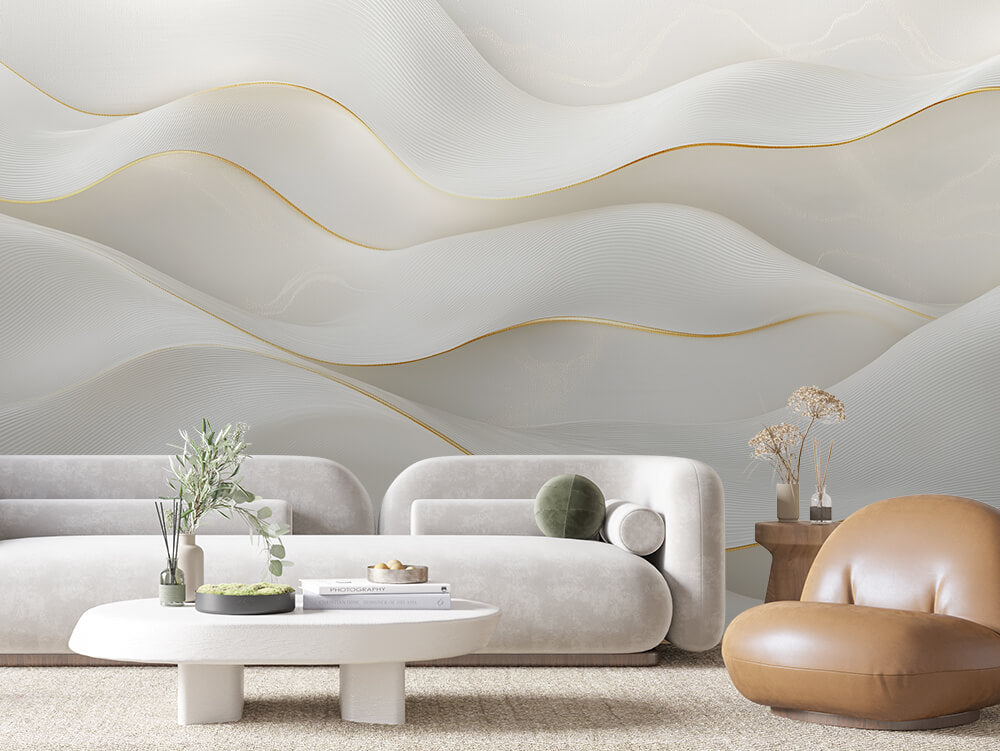 SCULPTED 0007 – Cream Wave Gold Thread Wall Mural