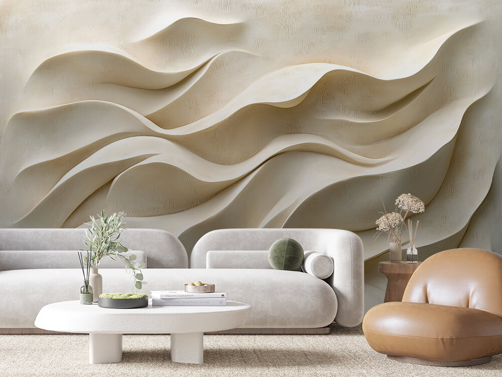 SCULPTED 0008 – Cream Flowing Ribbon Wall Mural