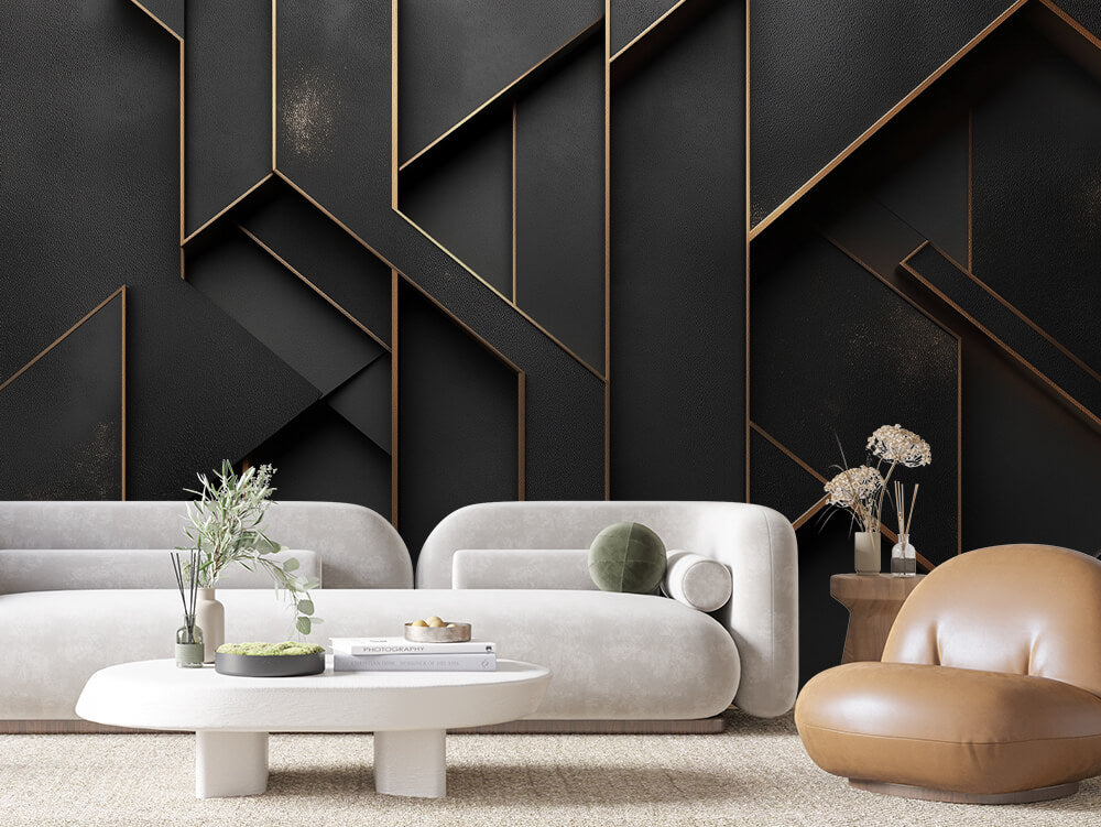 SCULPTED 0016 – Onyx Gold Line Geometric Wall Mural