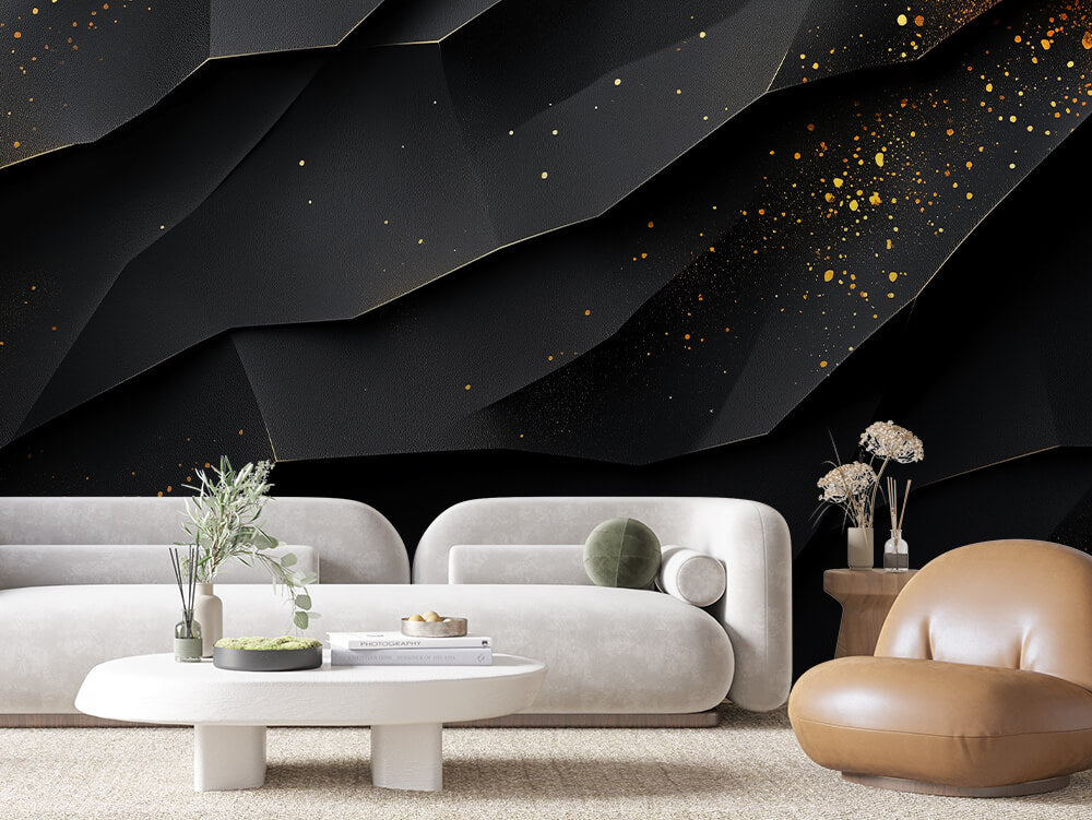 SCULPTED 0018 – Black Crystal Facet Gold Dust Wall Mural