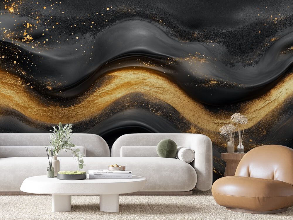 SCULPTED 0021 – Black and Gold Liquid Marble Wall Mural