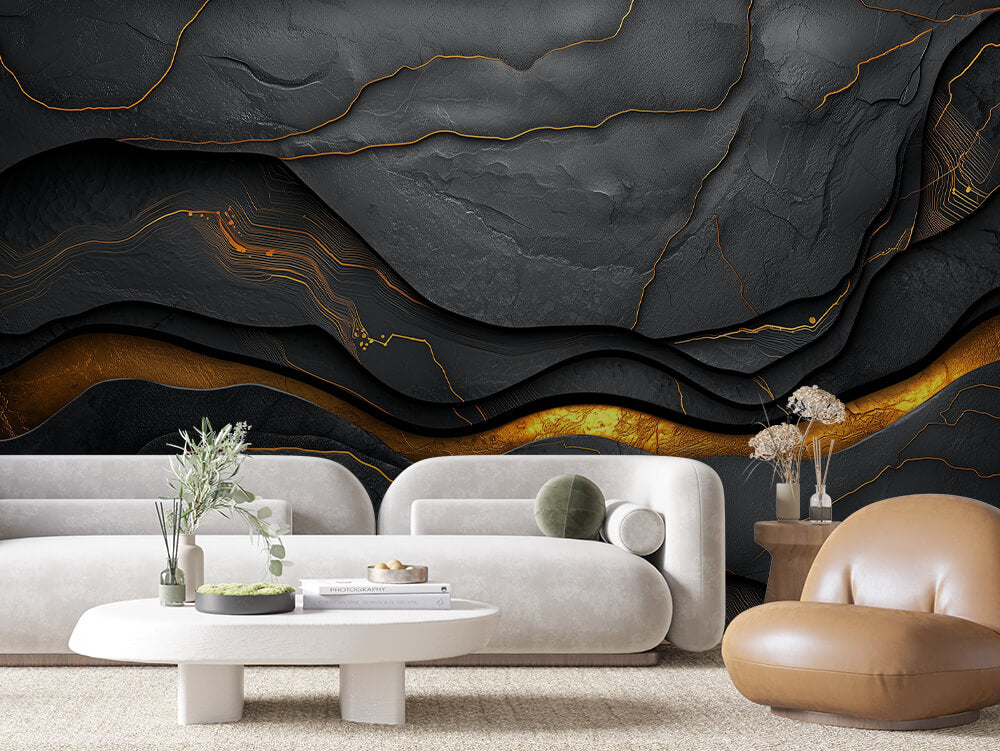 SCULPTED 0022 – Black Stone Gold Crack Wall Mural