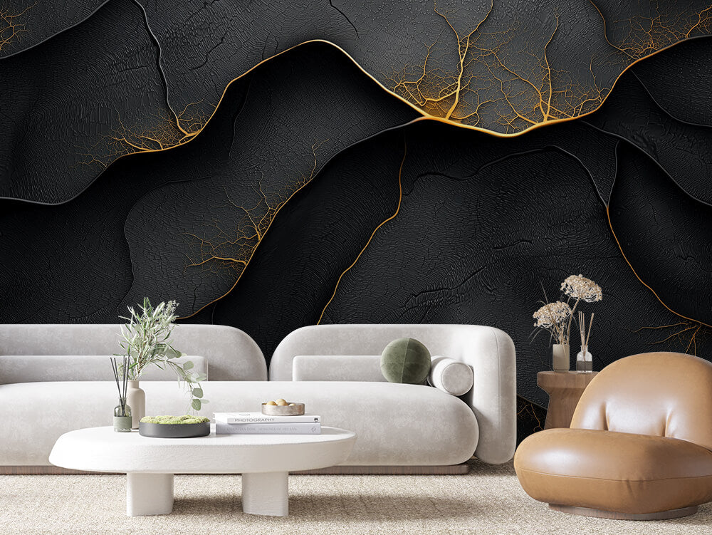 SCULPTED 0023 – Black Rock Golden Root Vein Wall Mural