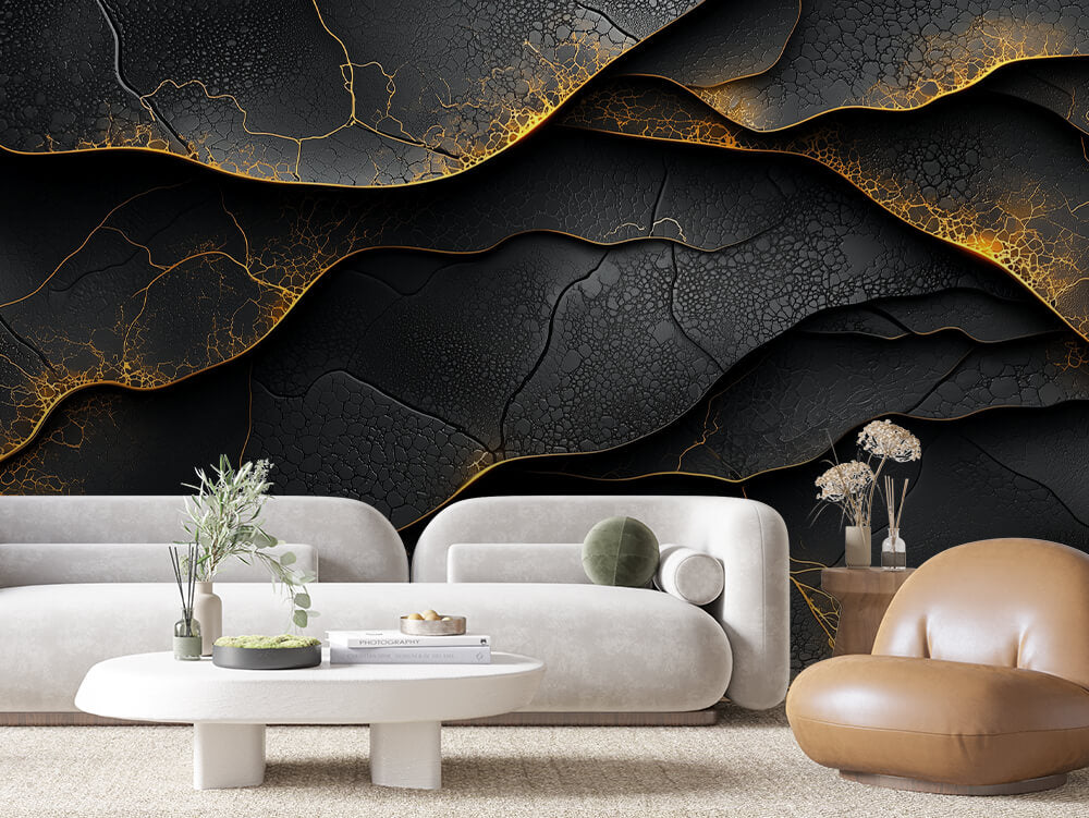 SCULPTED 0024 – Black Crackle Gold Vein Wall Mural