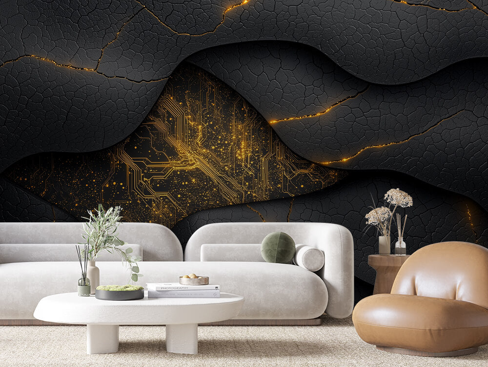 SCULPTED 0025 – Black Circuit Gold Wave Wall Mural