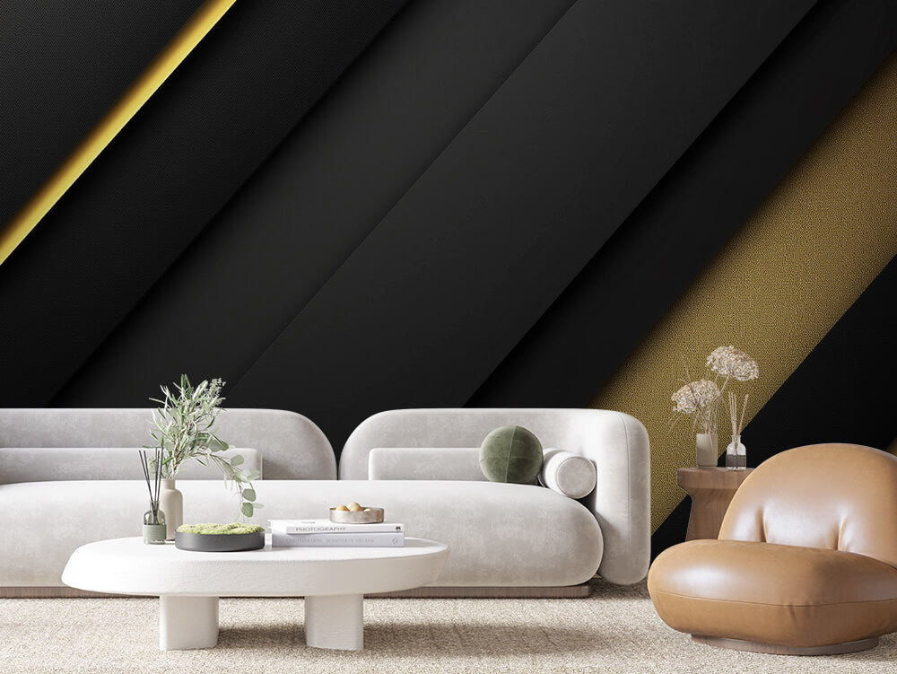 SCULPTED 0026 – Black and Gold Diagonal Panel Wall Mural