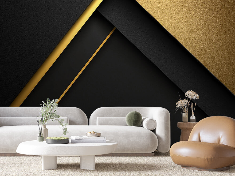 SCULPTED 0027 – Black and Gold Triangle Panel Wall Mural