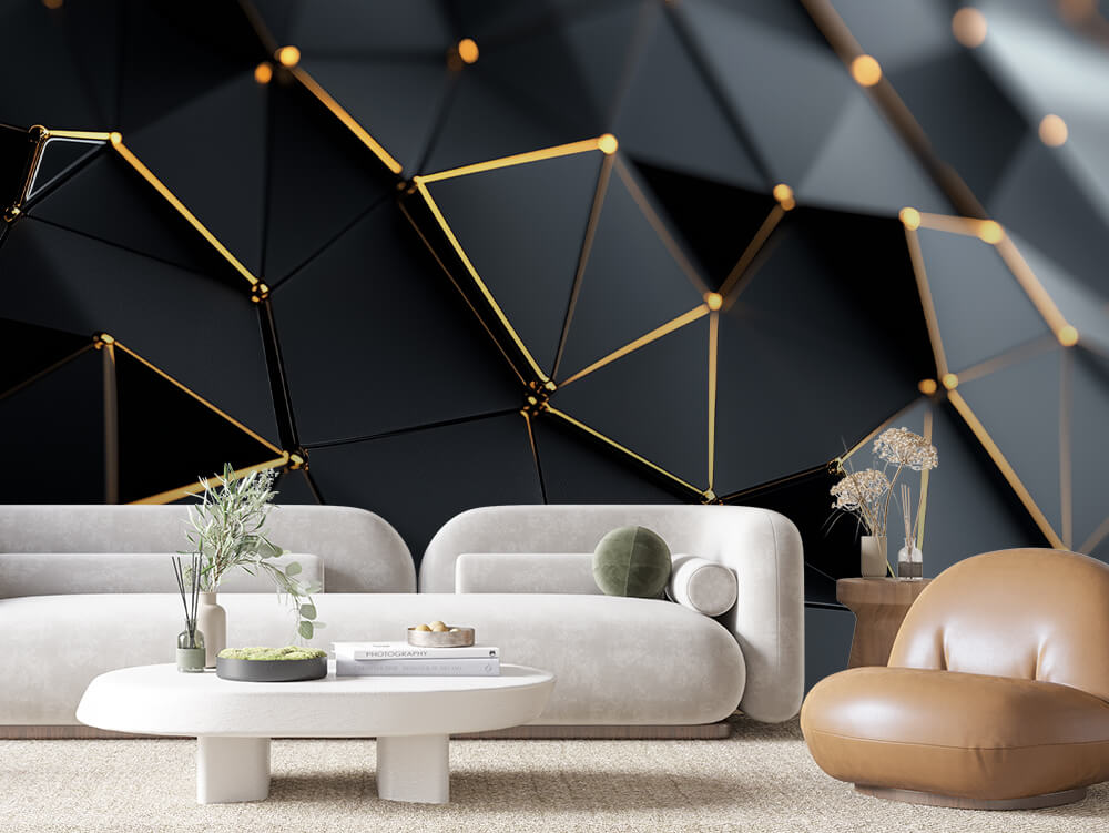 SCULPTED 0029 – Black Low-Poly Gold Grid Wall Mural