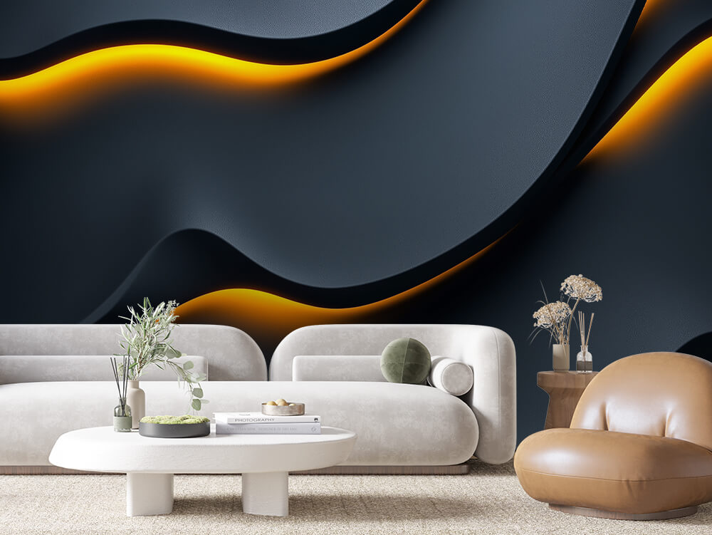 SCULPTED 0031 – Navy Wave Amber Glow Wall Mural