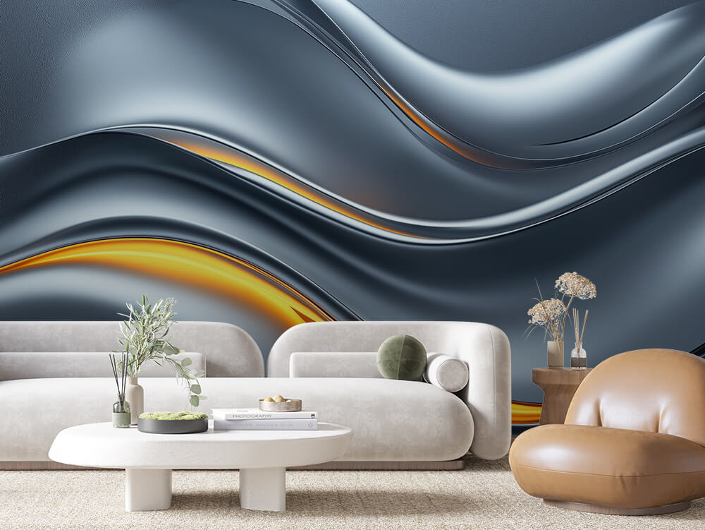 SCULPTED 0033 – Liquid Steel Amber Seam Wall Mural