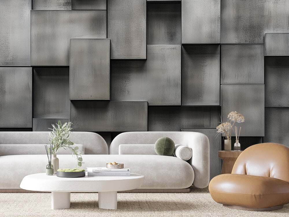 SCULPTED 0035 – Aged Steel Block Panel Wall Mural