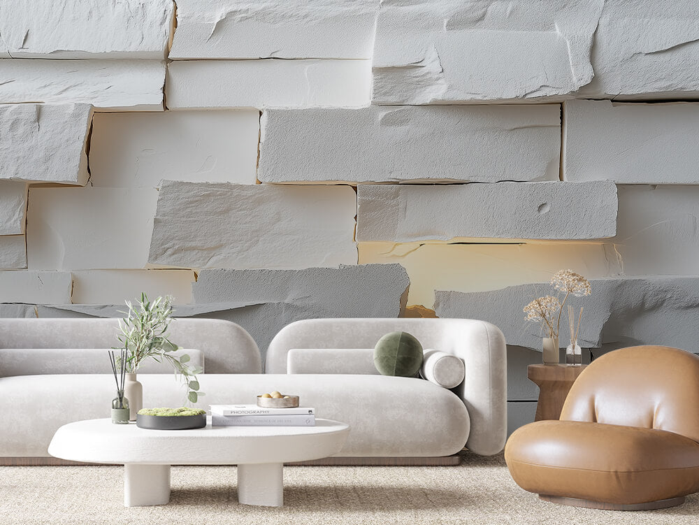 SCULPTED 0040 – White Stone Gold Glow Wall Mural