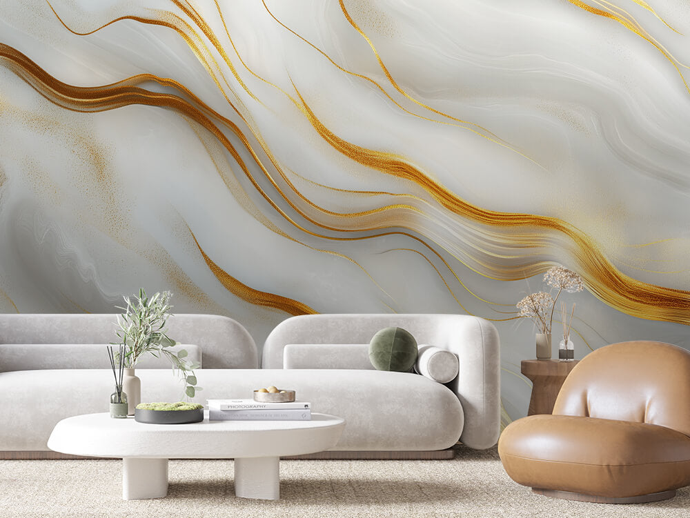 SCULPTED 0041 – Gold Thread Marble Wave Wall Mural