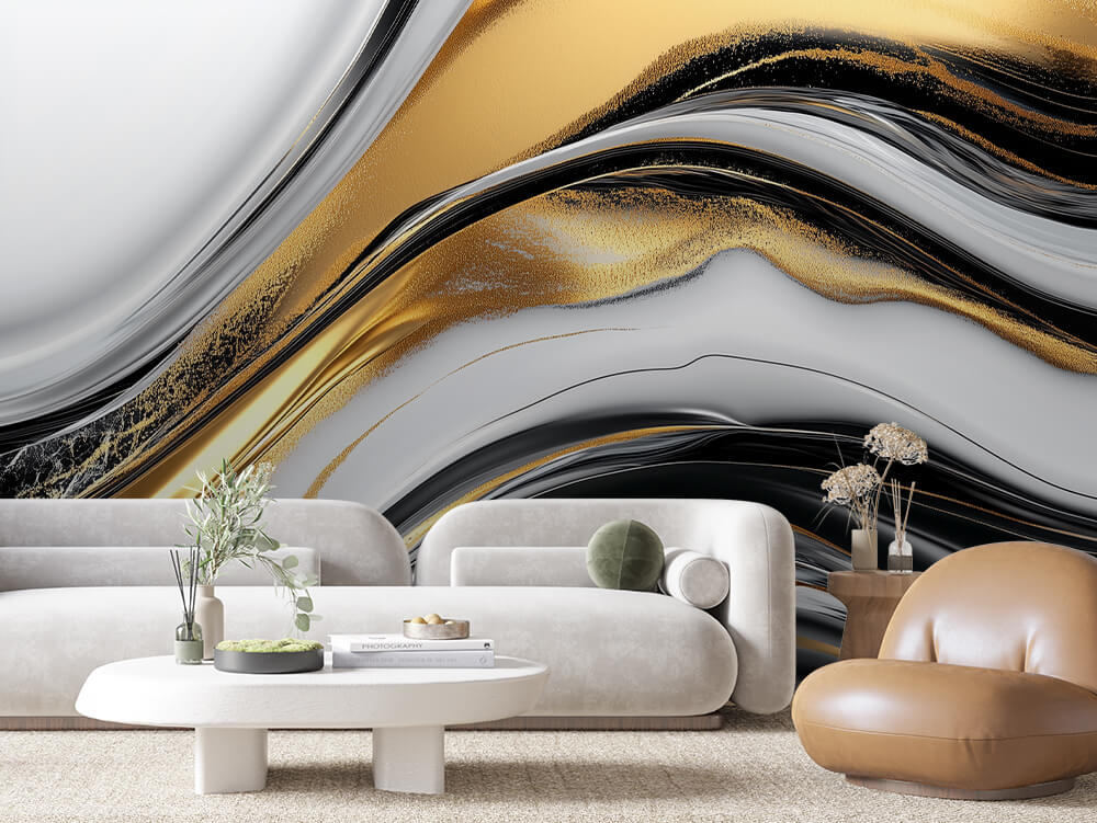 SCULPTED 0043 – Black Gold and Silver Marble Swirl Wall Mural