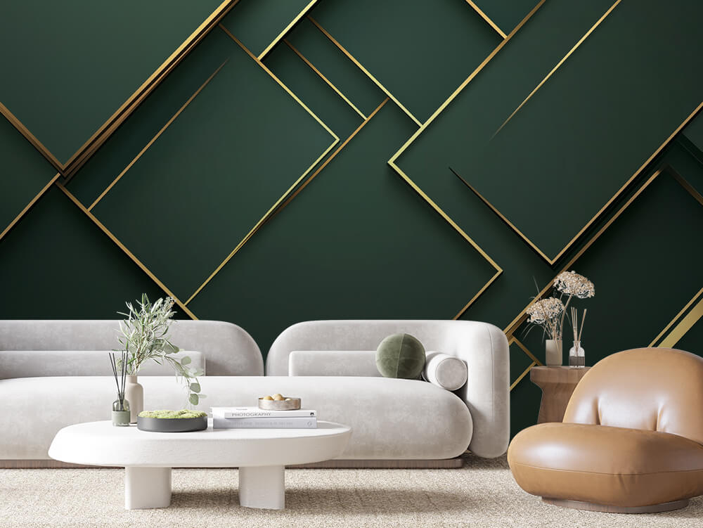 SCULPTED 0044 – Emerald and Gold Geometric Wall Mural