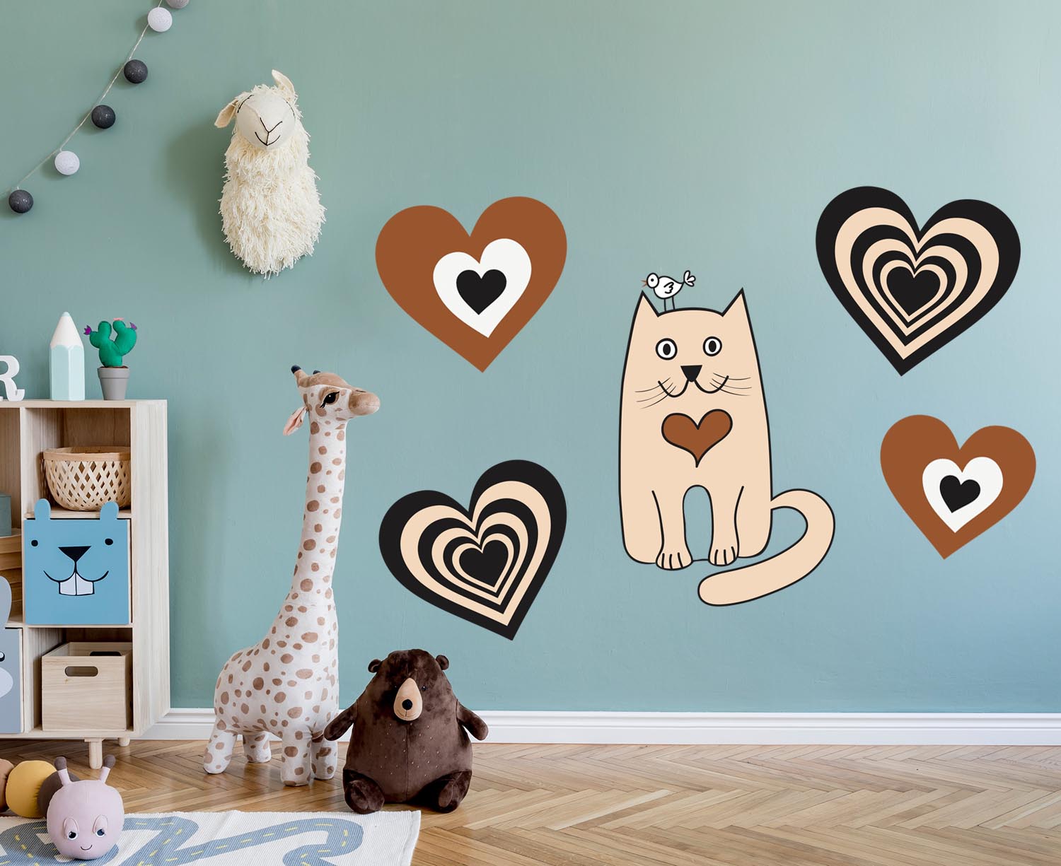 Adorable Beige Kitty with hearts Wall, Wall Decal Sticker, Removable, 5 Separate decals
