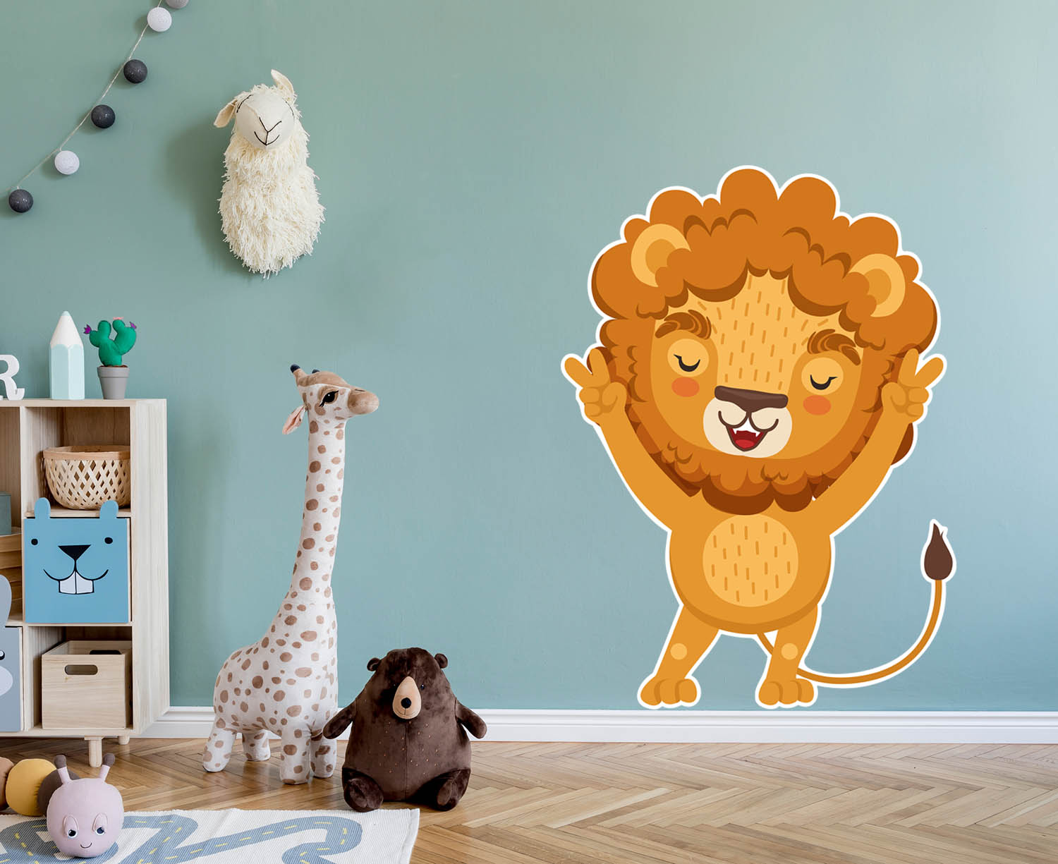Animated Lion, Arms Up, Wall Decal Sticker, Removable, Soft Fabric Decal