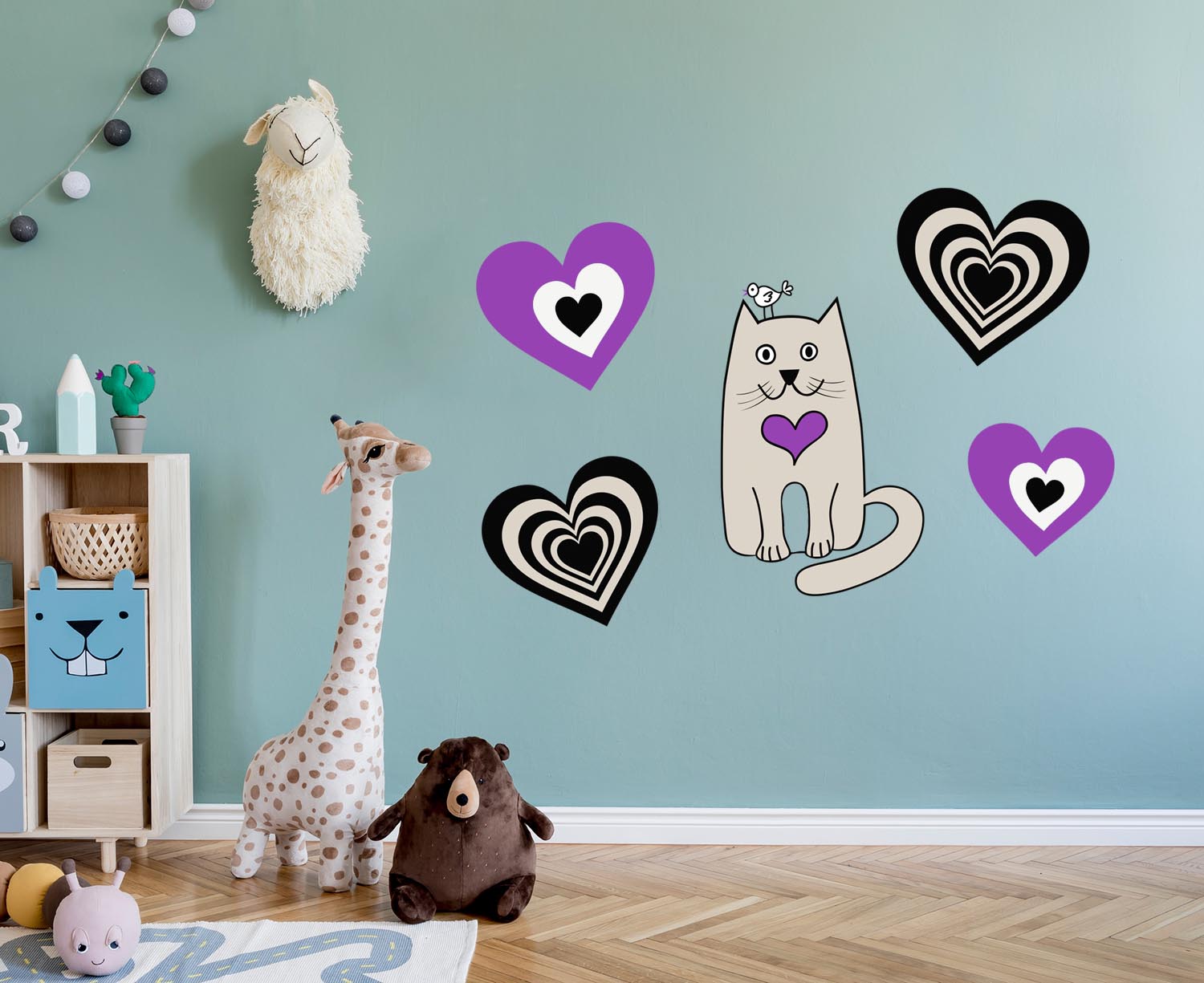 Adorable Purple Kitty with hearts Wall, Wall Decal Sticker, Removable, 5 Separate decals