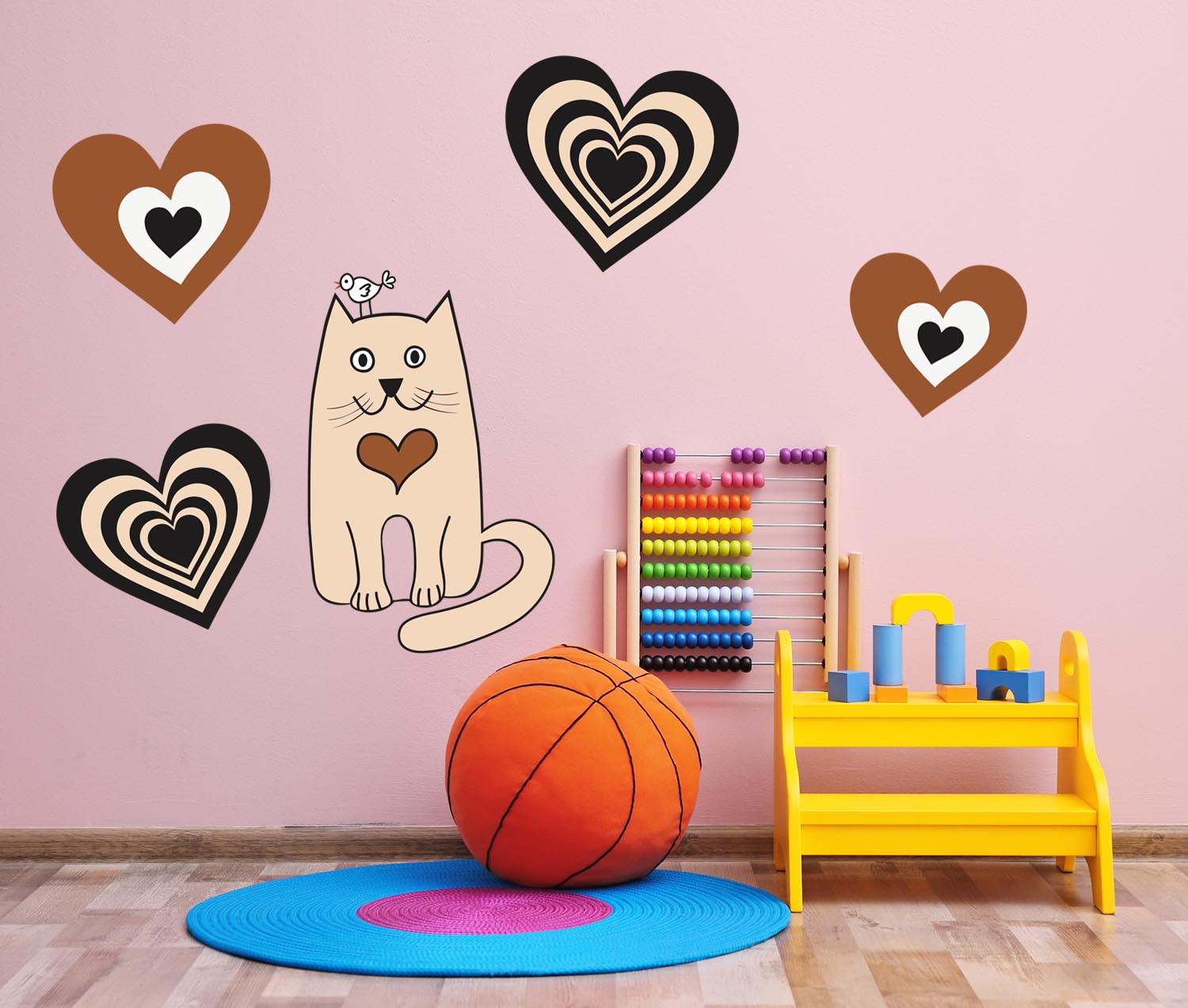 Adorable Beige Kitty with hearts Wall, Wall Decal Sticker, Removable, 5 Separate decals