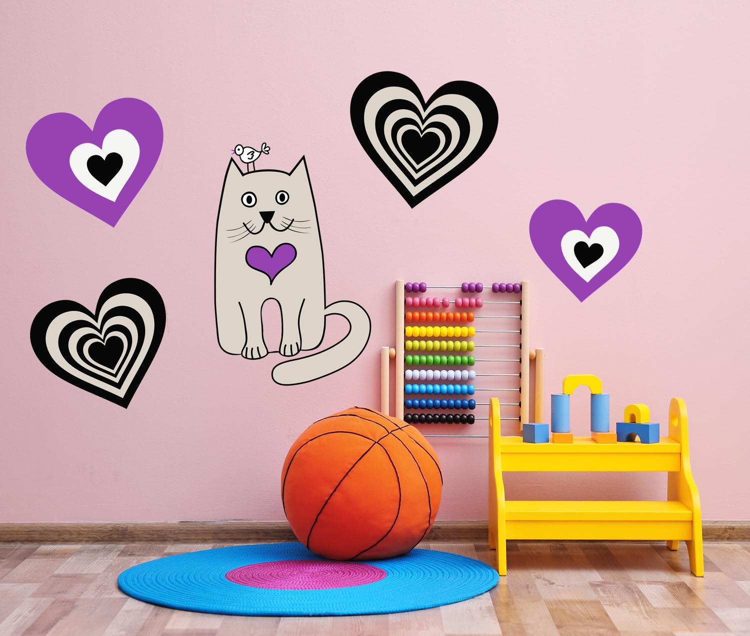 Adorable Purple Kitty with hearts Wall, Wall Decal Sticker, Removable, 5 Separate decals