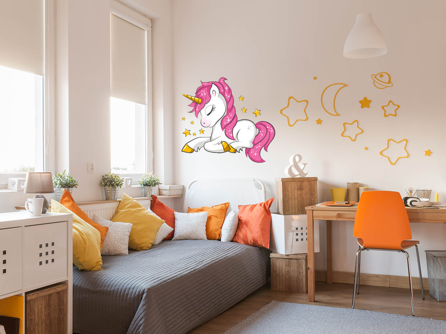 Sleeping Pink Maned UniCorn with 8 separate stars, Wall Decal Sticker, Removable with NO wall Damage!
