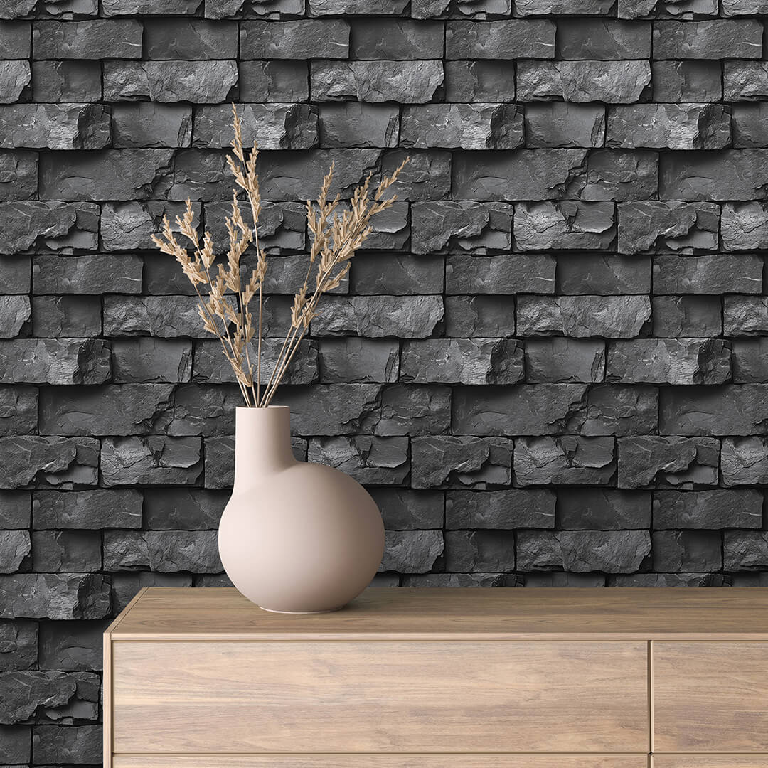Charcoal Stacked Stone Brick Wallpaper mockup
