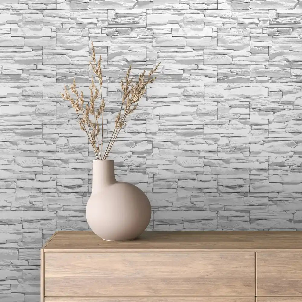 Arctic White Stacked Slate Stone Peel & Stick Wallpaper – Stone 0001