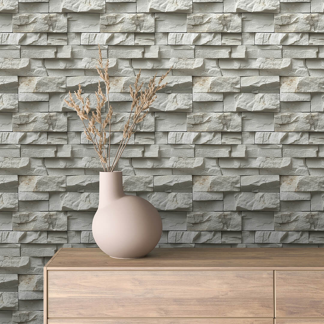 Cream White Split-Face Stone Wallpaper mockup