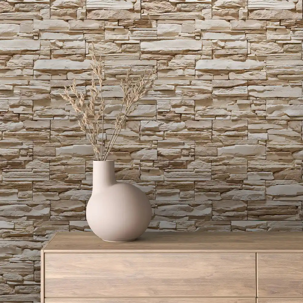 Desert Taupe Stacked Ledge Stone Peel & Stick Wallpaper – Stone 0003