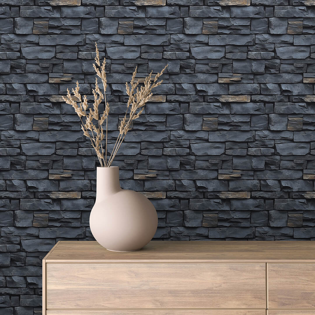 Deep Blue Black Stacked Stone Wallpaper mockup
