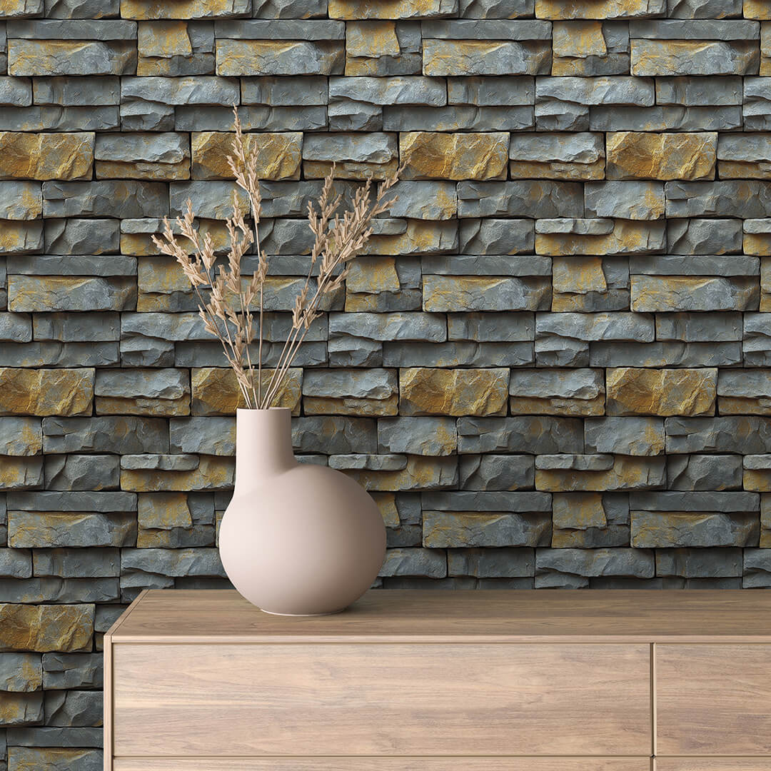 Gray Gold Ledge Stone Wallpaper mockup