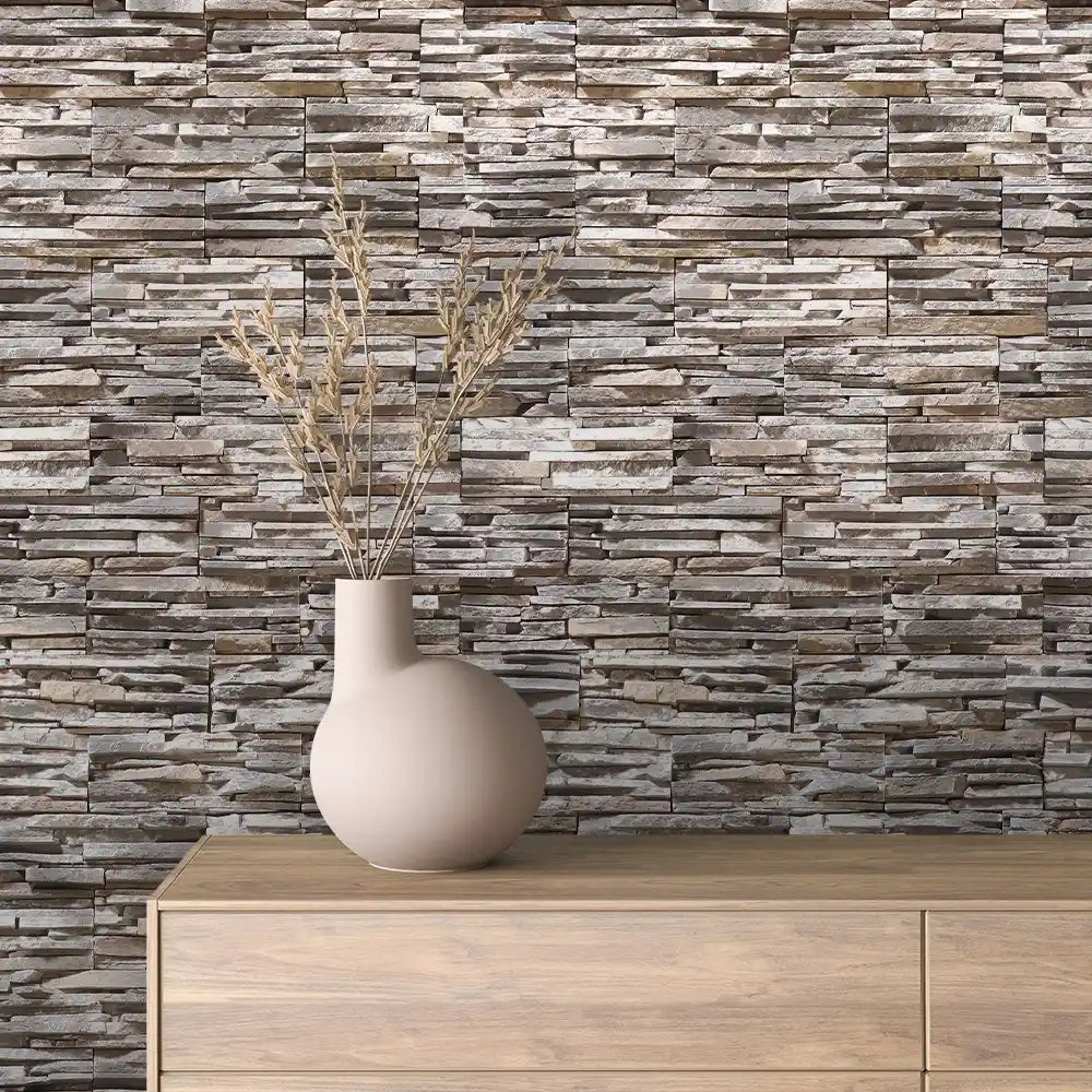 Driftwood Grey Stacked Slate Stone Peel & Stick Wallpaper – Stone 0007