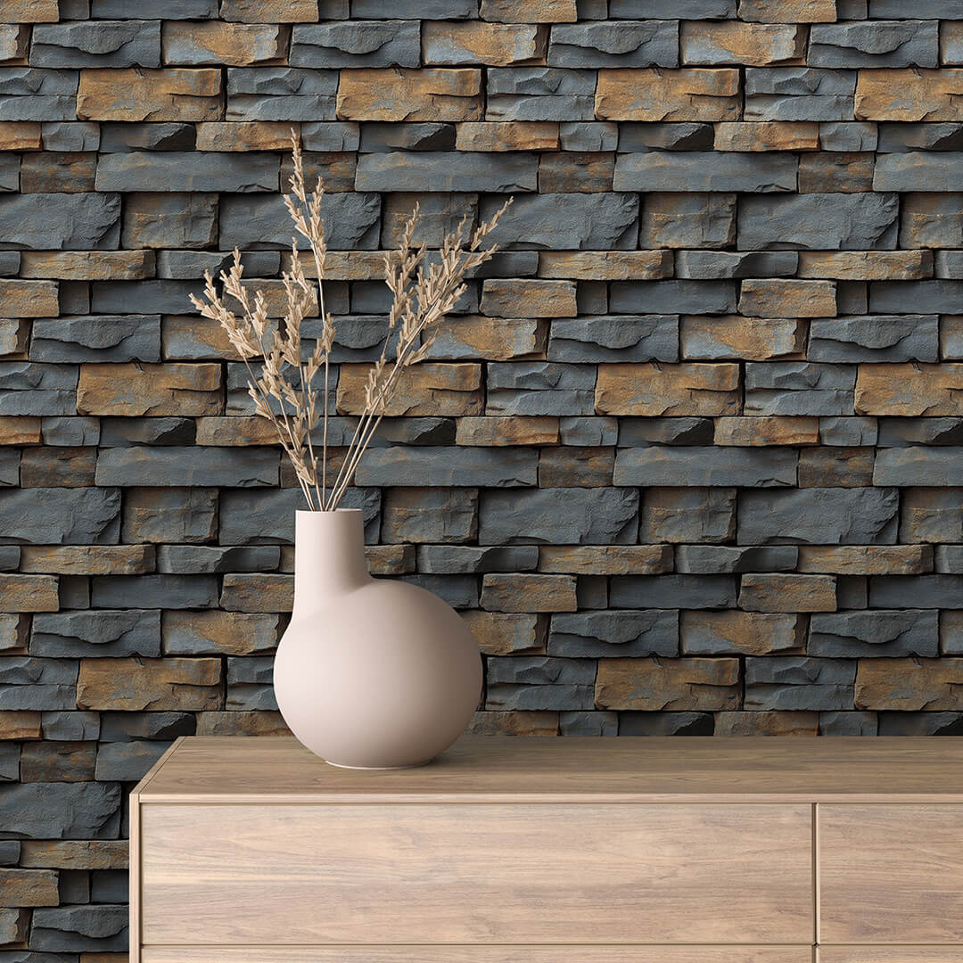 Dense Gray Gold Ledge Stone Wallpaper mockup