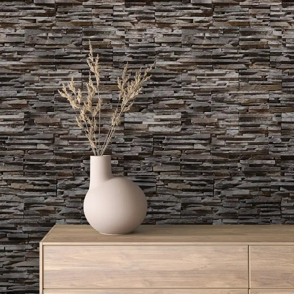 Charcoal Ember Stacked Slate Stone Peel & Stick Wallpaper – Stone 0009