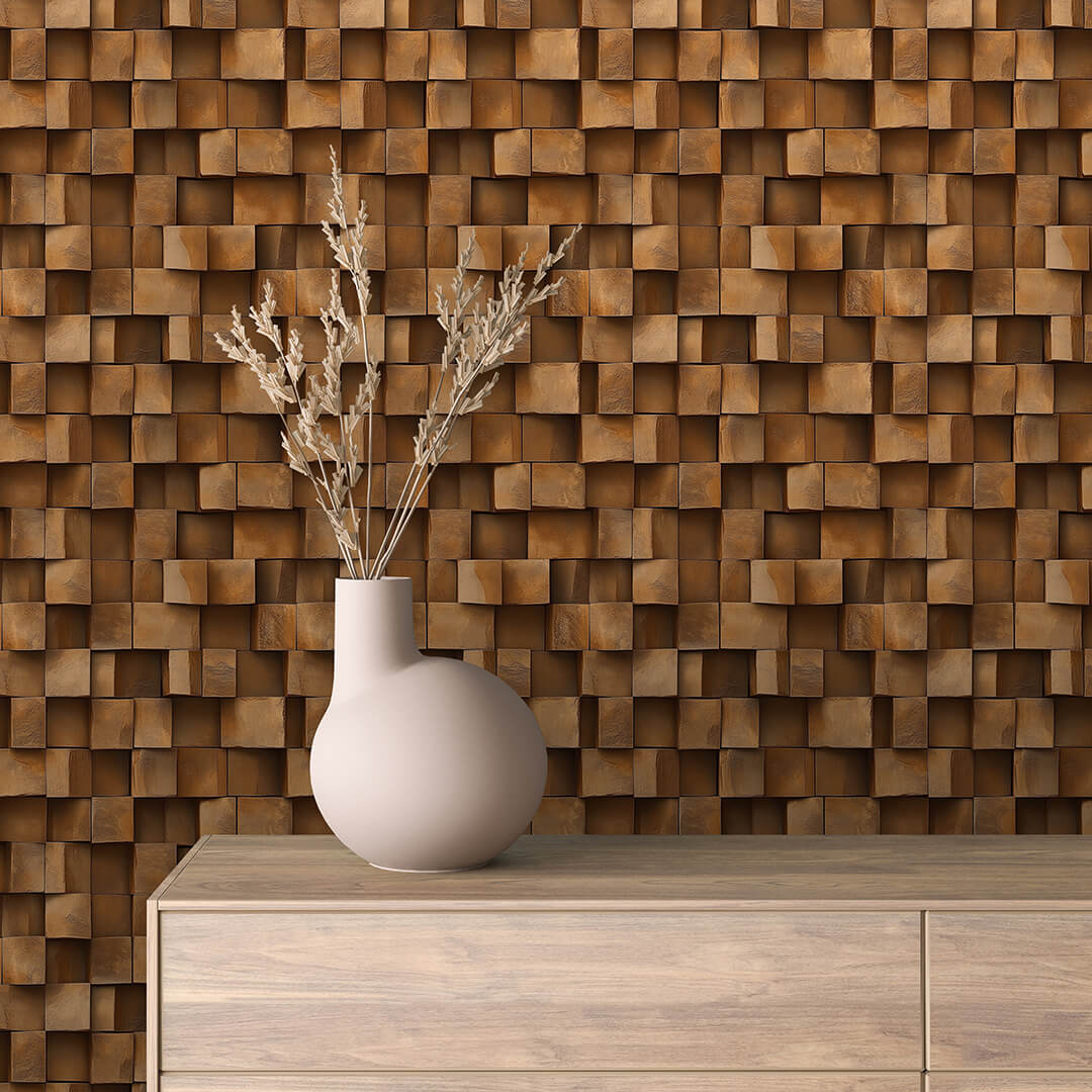 Chestnut Mosaic Stone Block Wallpaper mockup