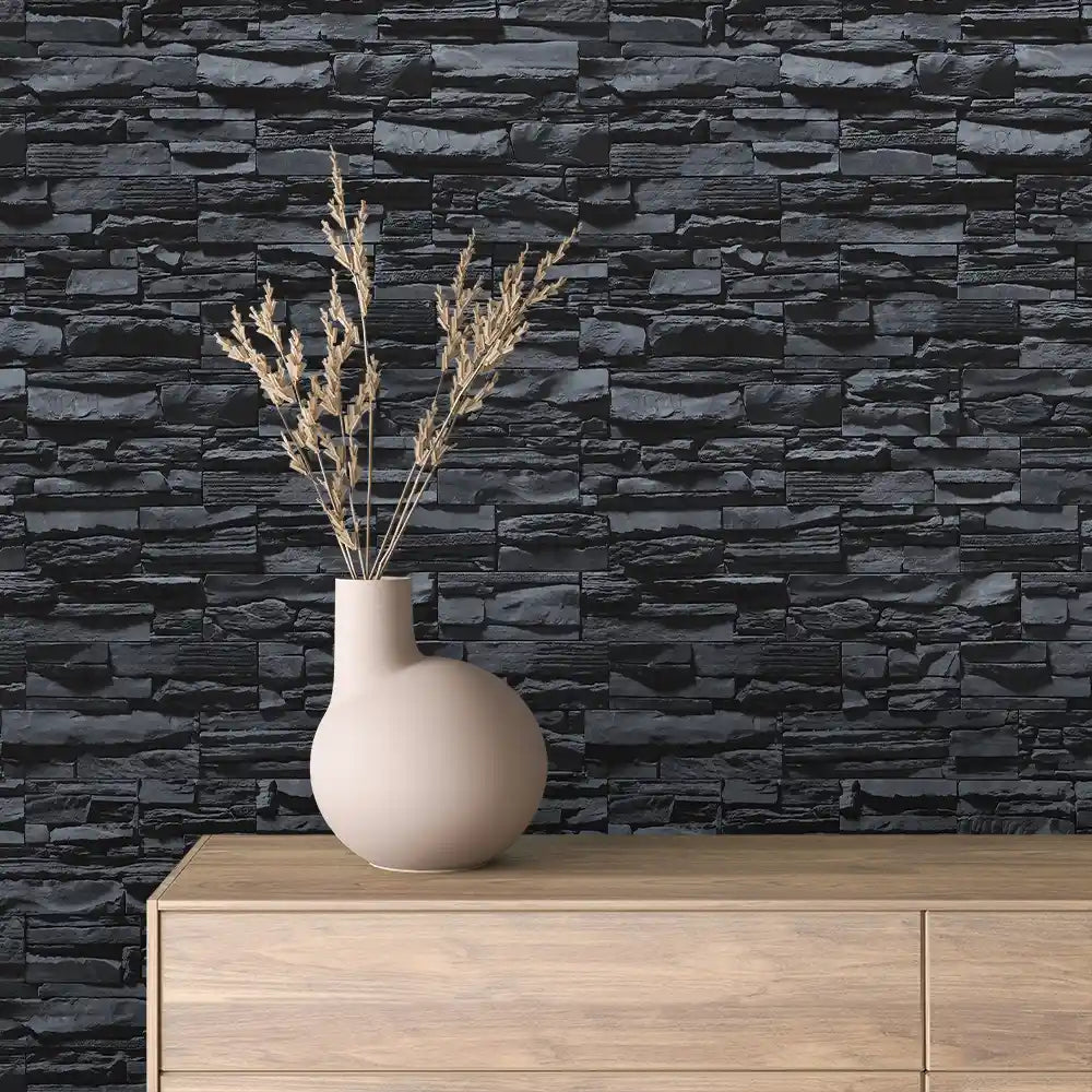 Midnight Black Stacked Slate Stone Peel & Stick Wallpaper – Stone 0011
